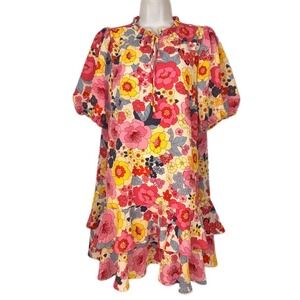Sugar+Lips Floral Ruffle Mini Dress Women Medium Pink Yellow Retro Boho Pockets